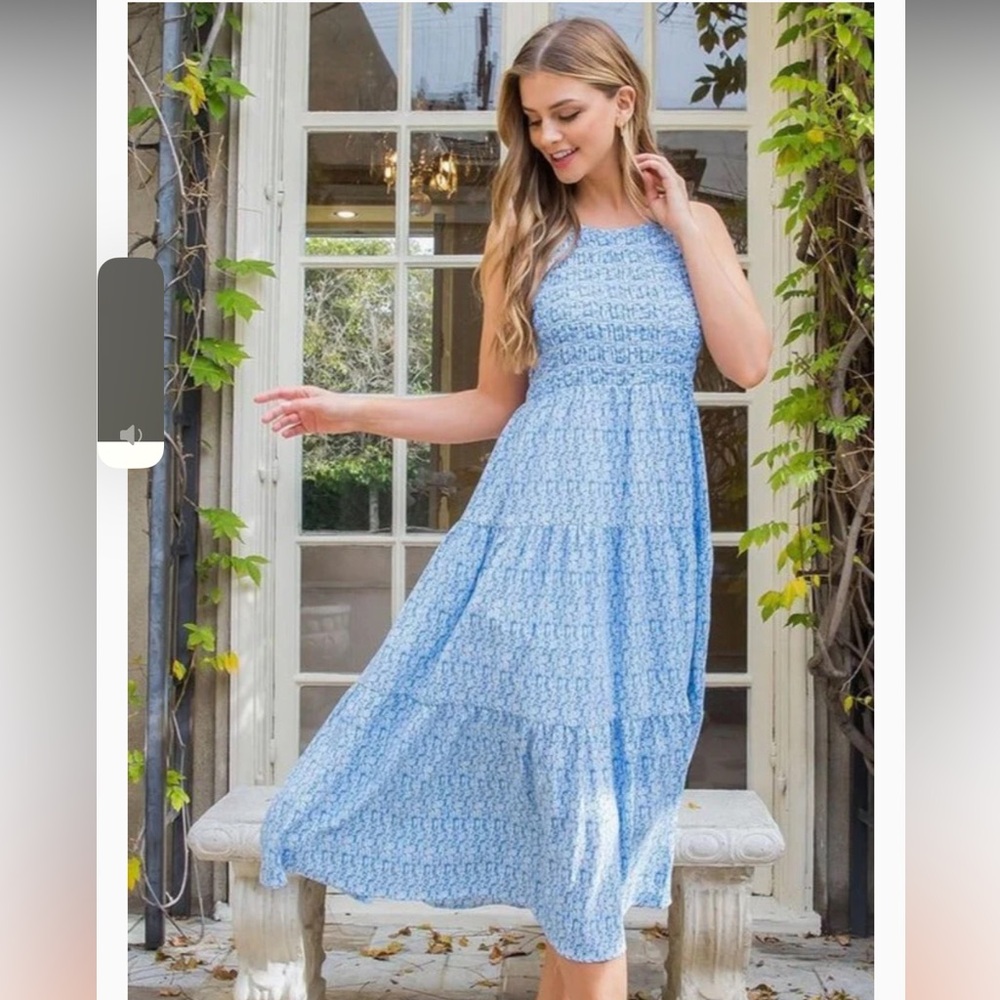 Women’s halter silky smocked floral maxi dress - periwinkle/light blue